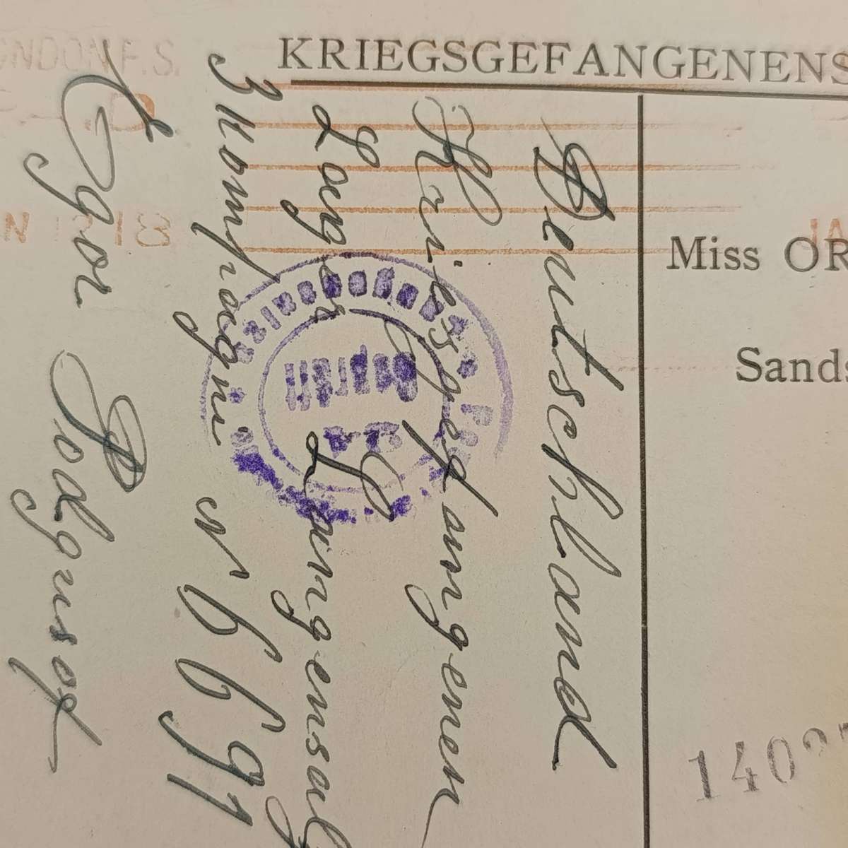 WW1 Acknowledgement card from P.O.W - written in Russian displaying thanks for parcels received