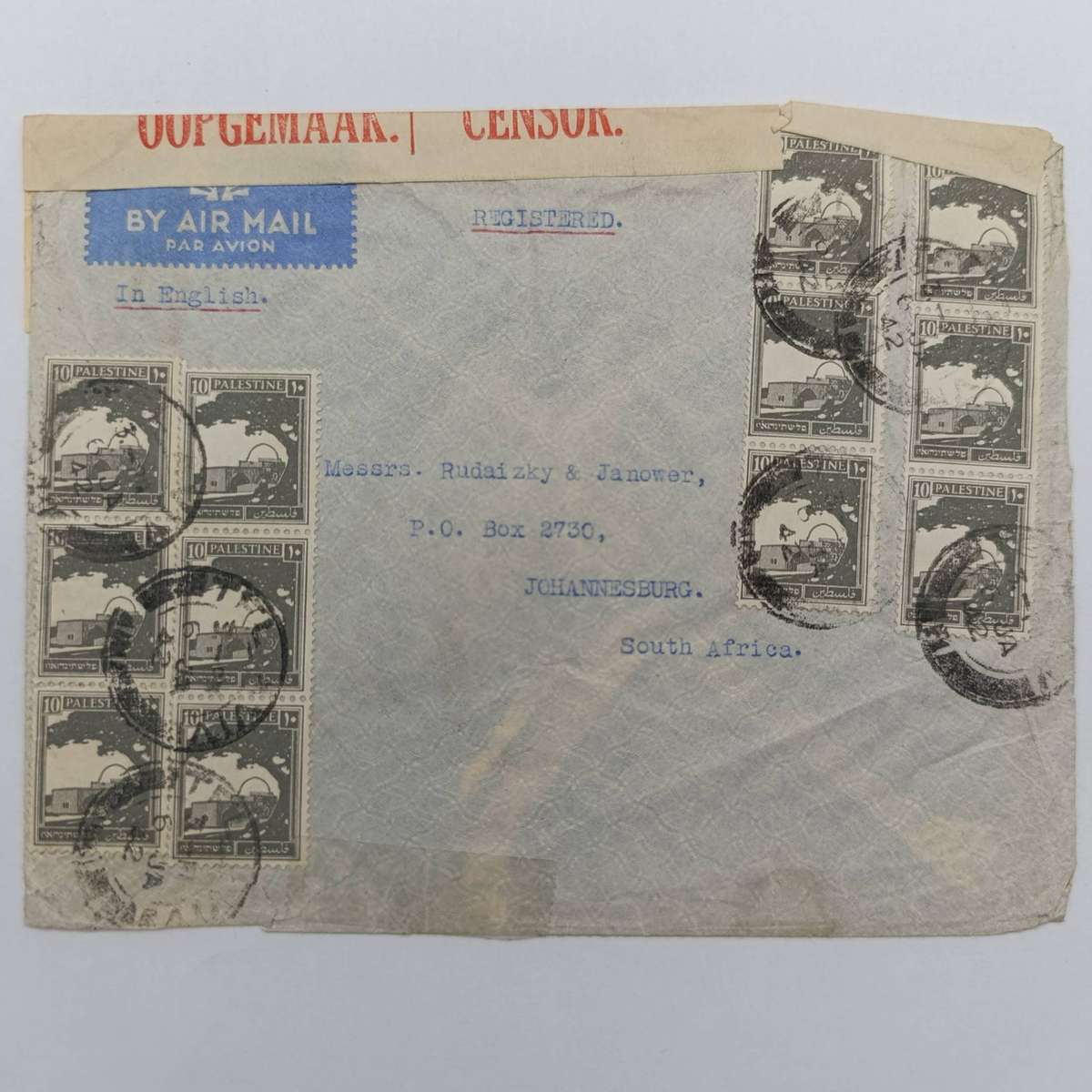 WW2 Censored airmail cover posted 6 Jan 1942 from Palestinian terratories to Johannesburg