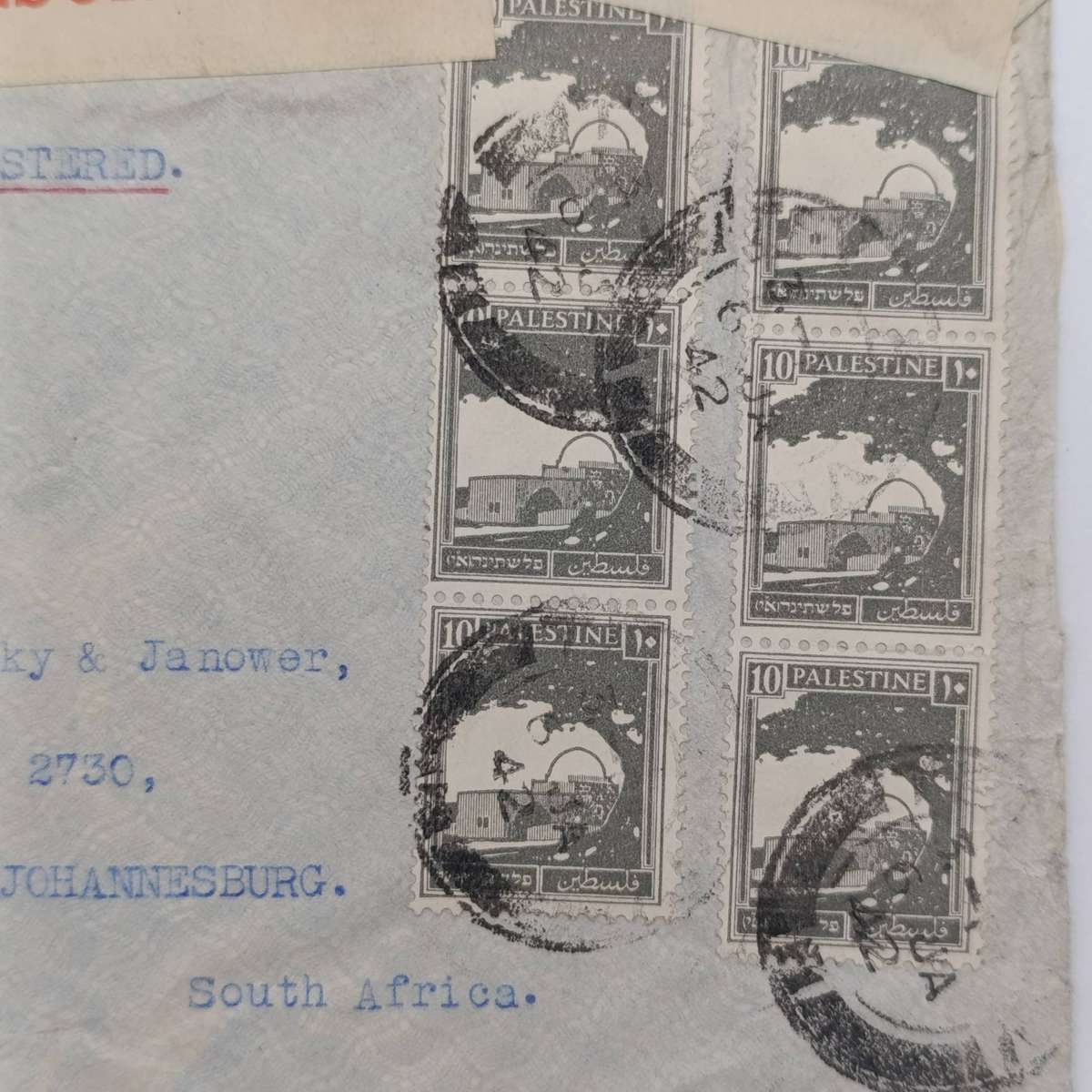 WW2 Censored airmail cover posted 6 Jan 1942 from Palestinian terratories to Johannesburg