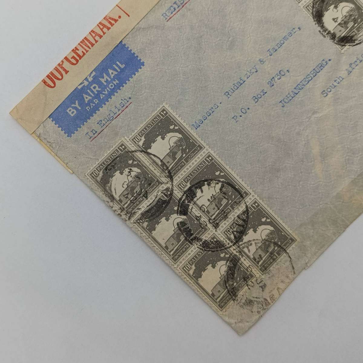 WW2 Censored airmail cover posted 6 Jan 1942 from Palestinian terratories to Johannesburg