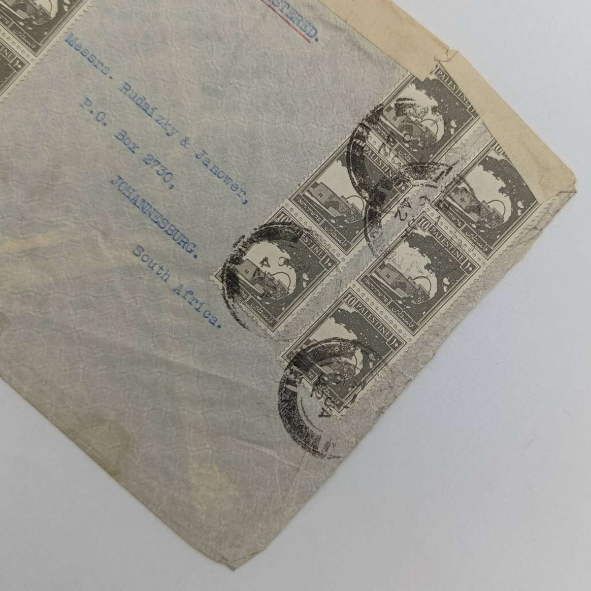 WW2 Censored airmail cover posted 6 Jan 1942 from Palestinian terratories to Johannesburg