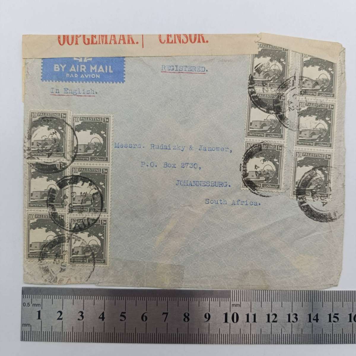 WW2 Censored airmail cover posted 6 Jan 1942 from Palestinian terratories to Johannesburg
