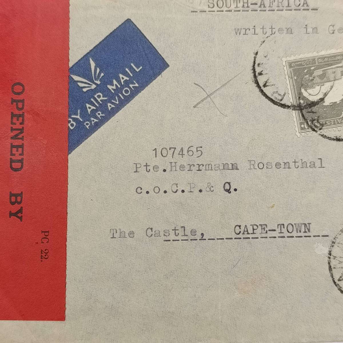 Postal Cover from Ramat, G-K, West Bank with 4 Palestine stamps posted 1945 to The Castle