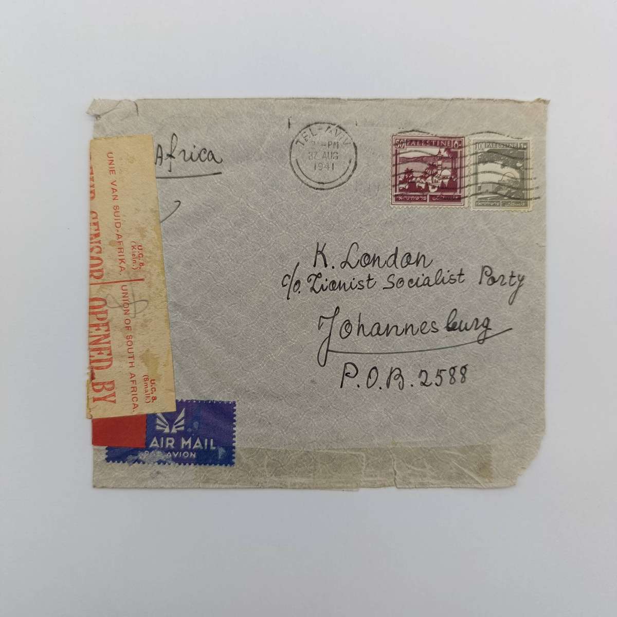 WW2 Cover from Tel Aviv 27 Aug 1941 with 2 Pallestine stamps posted to Johannesburg to the Zionist