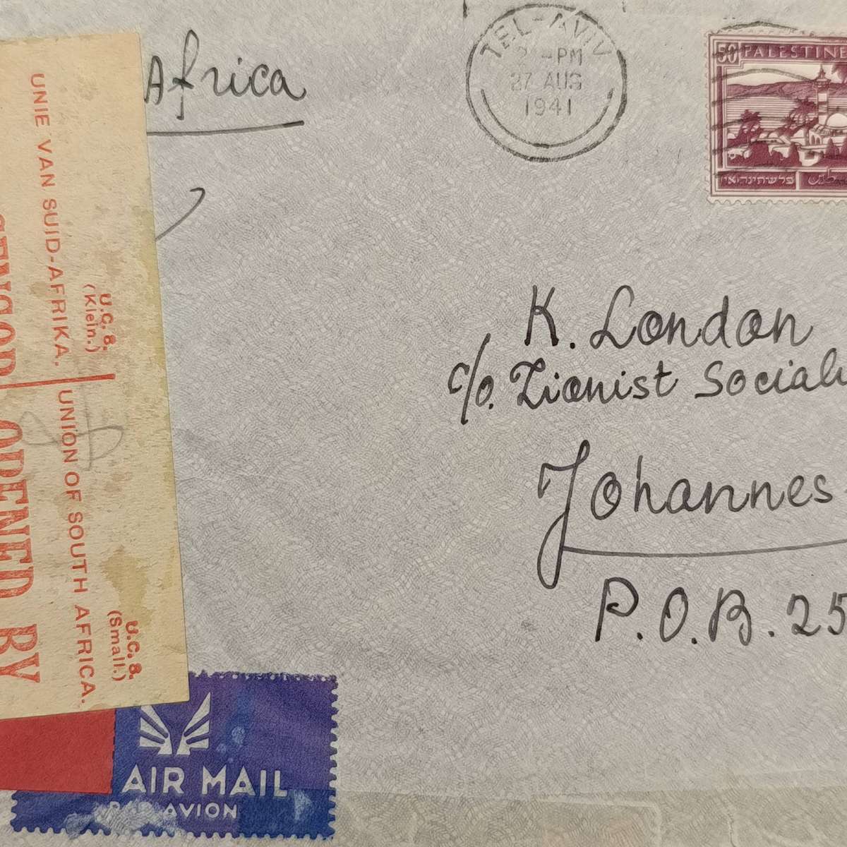WW2 Cover from Tel Aviv 27 Aug 1941 with 2 Pallestine stamps posted to Johannesburg to the Zionist