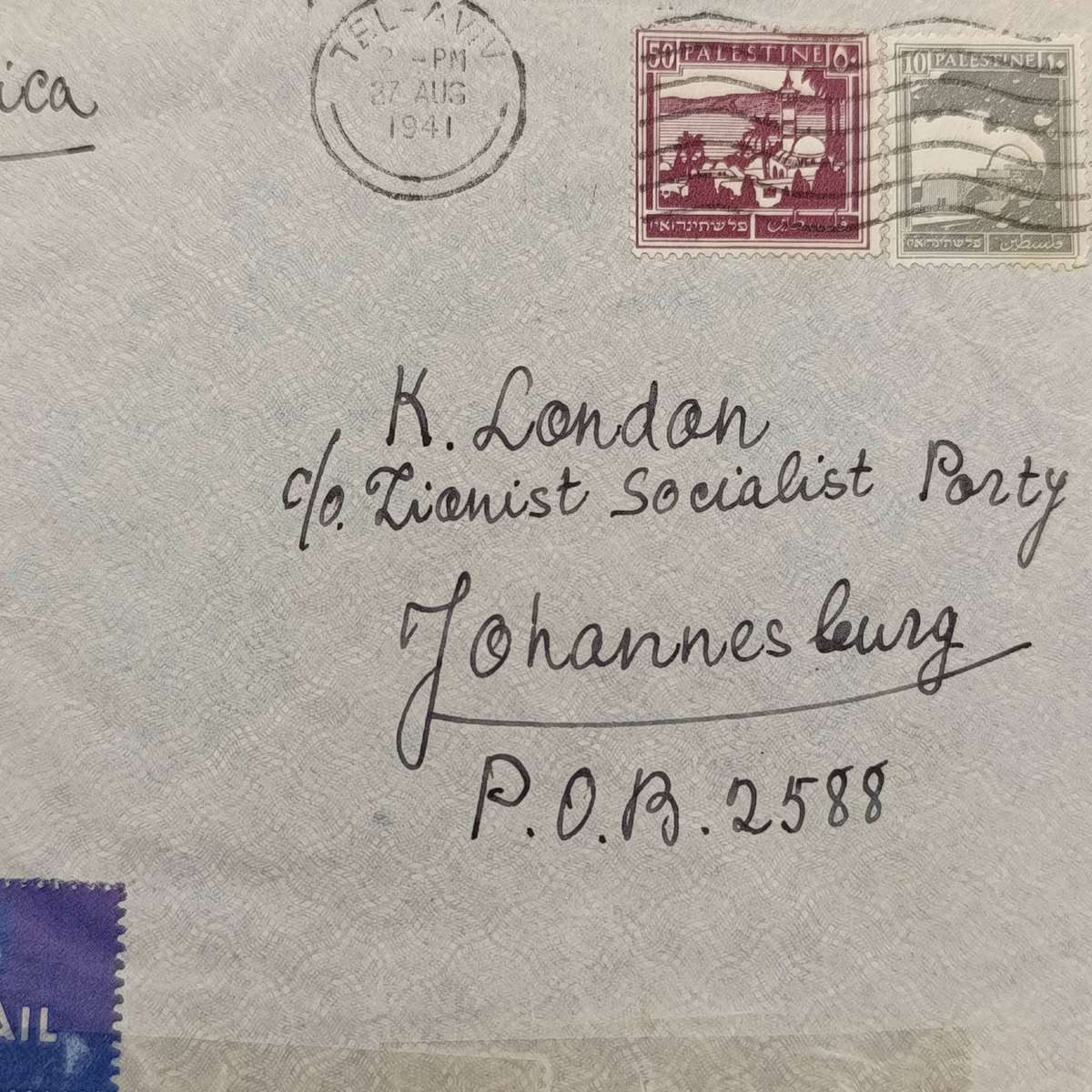 WW2 Cover from Tel Aviv 27 Aug 1941 with 2 Pallestine stamps posted to Johannesburg to the Zionist