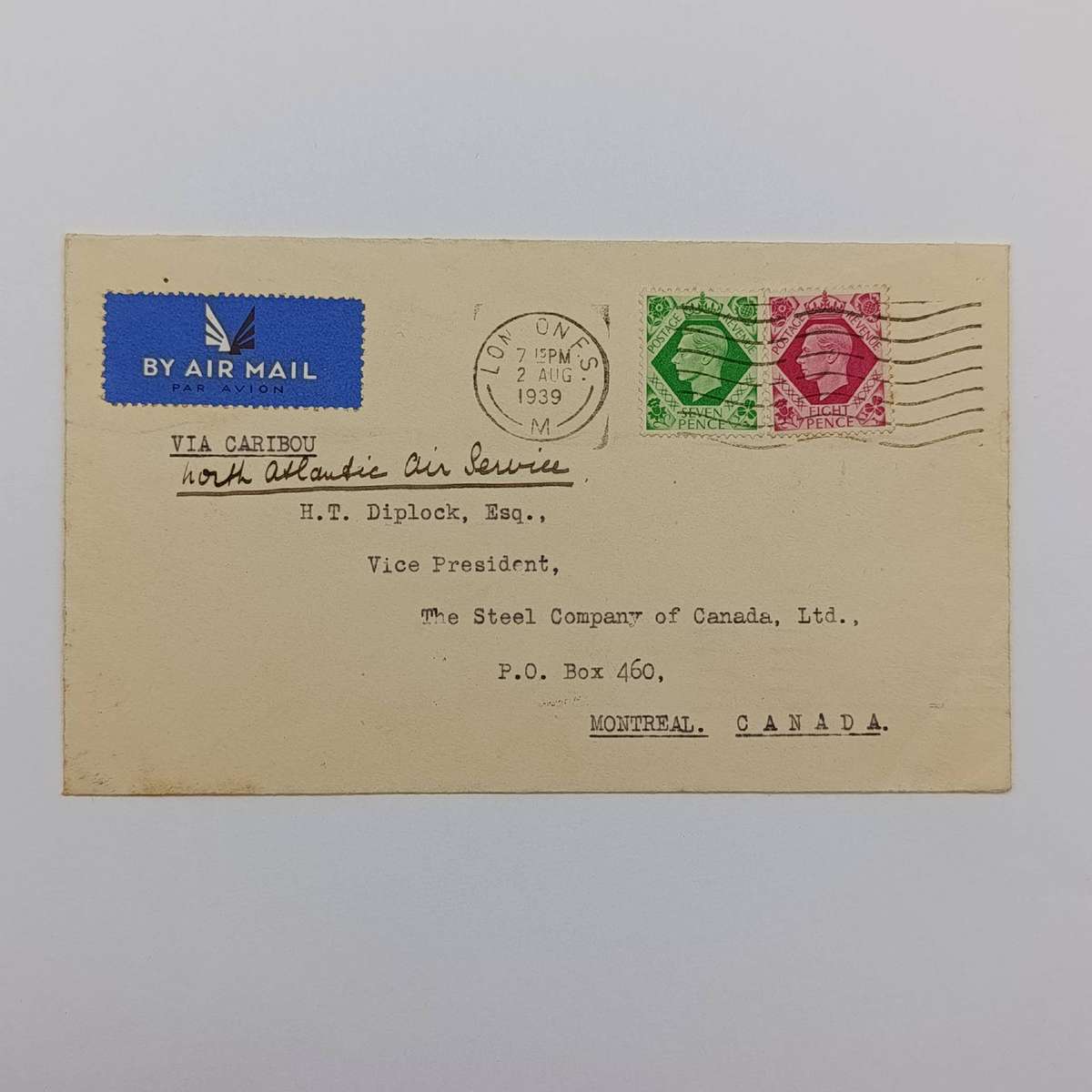 Letter first North Atlantic service London to Montreal, Canada via Caribou posted 2 Aug 1939