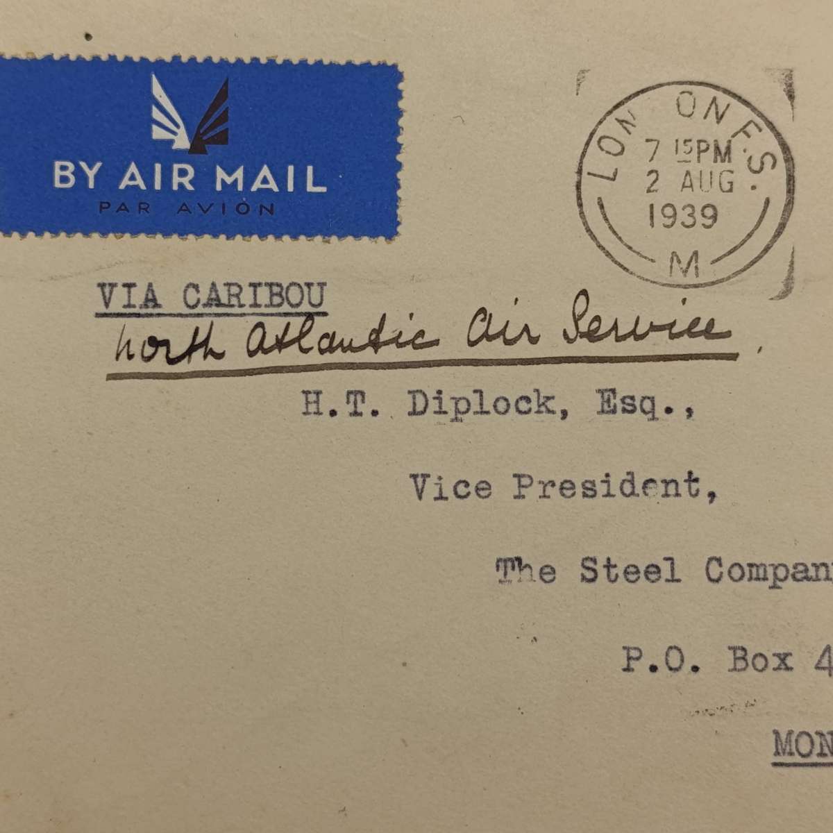 Letter first North Atlantic service London to Montreal, Canada via Caribou posted 2 Aug 1939