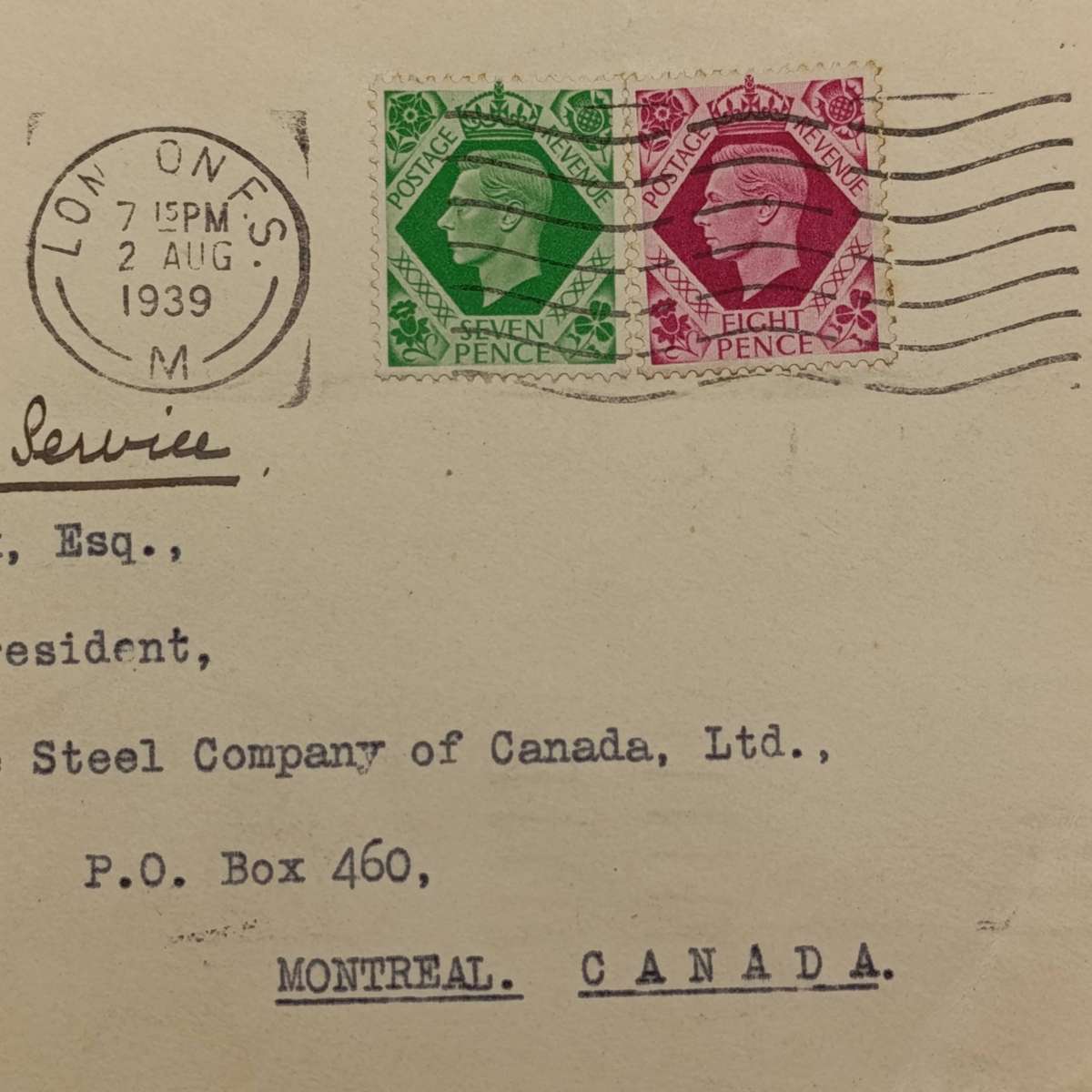 Letter first North Atlantic service London to Montreal, Canada via Caribou posted 2 Aug 1939