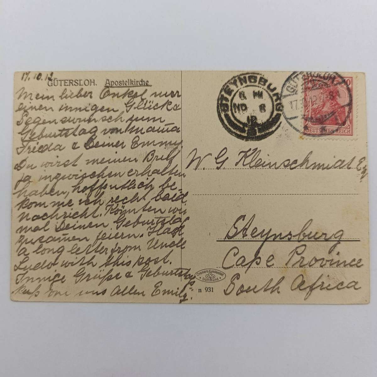 1912 Postcard Gutersloh Germany to Steynsburg, Cape Province
