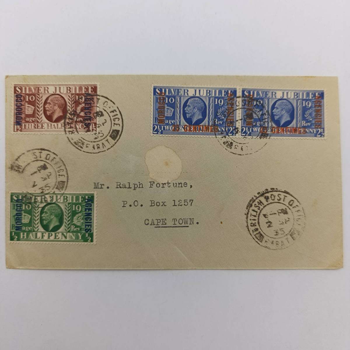 Letter posted 2 Sept 1935 with 4x Georges silver jubilee stamps over stamped Morocco Agencies