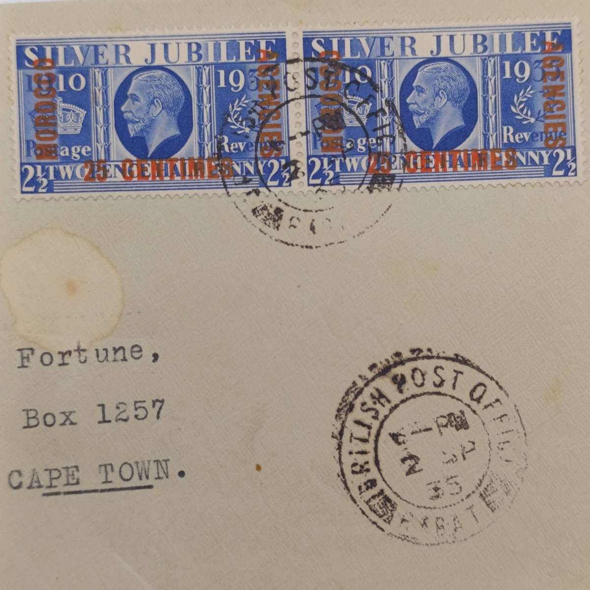 Letter posted 2 Sept 1935 with 4x Georges silver jubilee stamps over stamped Morocco Agencies