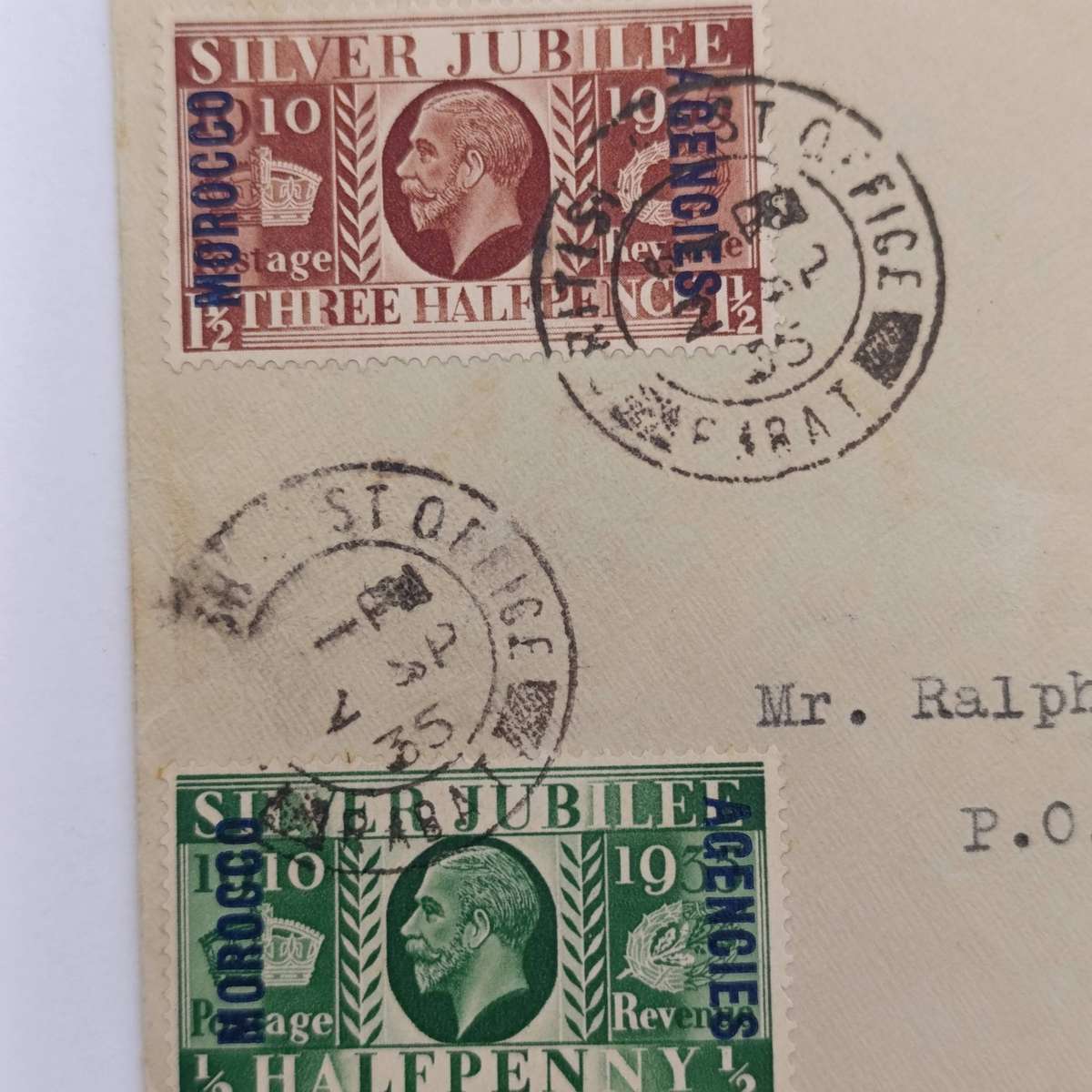 Letter posted 2 Sept 1935 with 4x Georges silver jubilee stamps over stamped Morocco Agencies