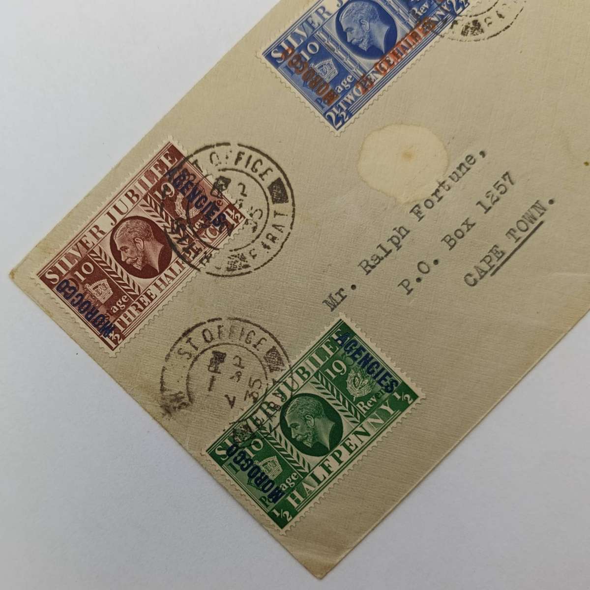 Letter posted 2 Sept 1935 with 4x Georges silver jubilee stamps over stamped Morocco Agencies