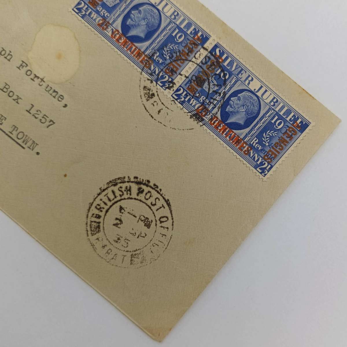 Letter posted 2 Sept 1935 with 4x Georges silver jubilee stamps over stamped Morocco Agencies