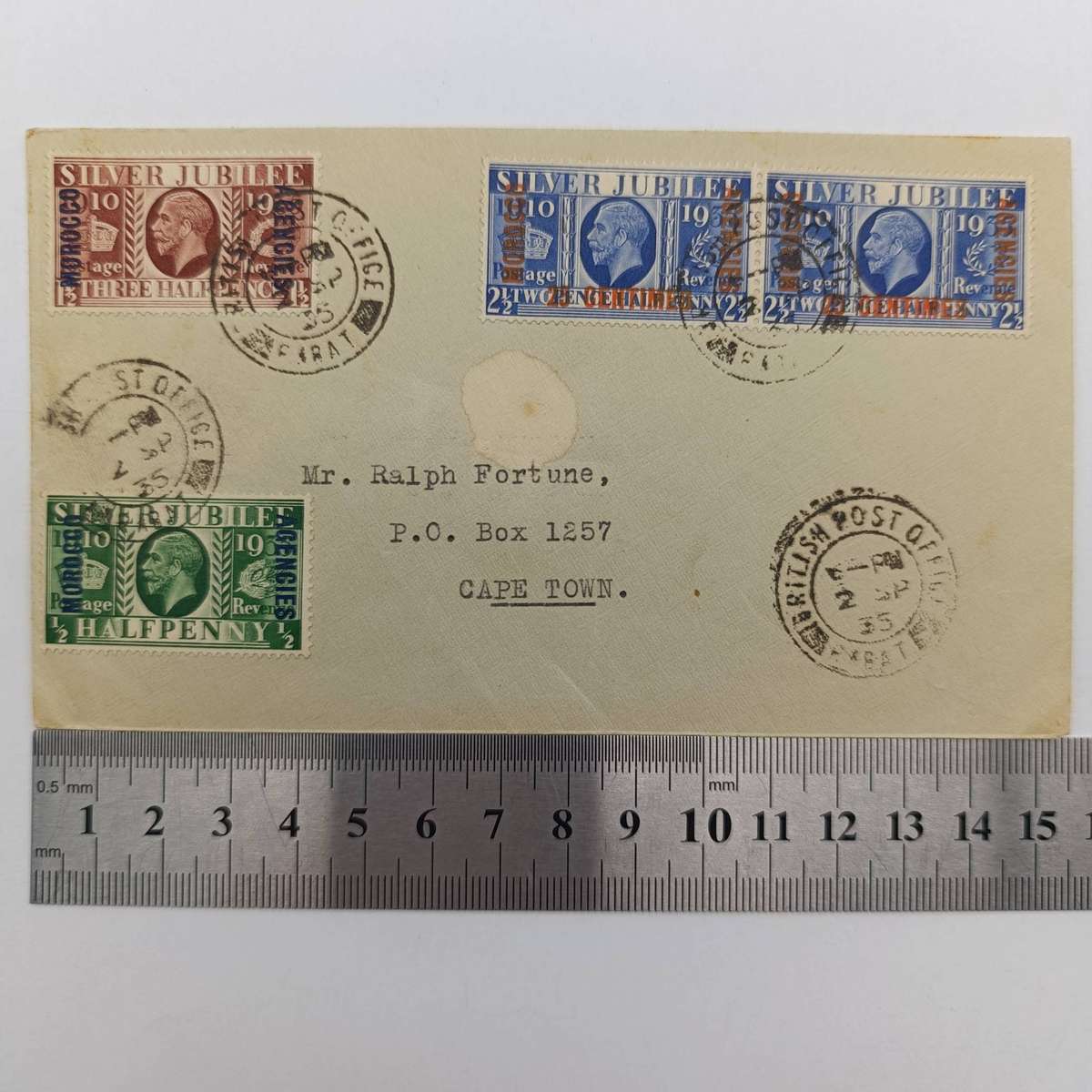 Letter posted 2 Sept 1935 with 4x Georges silver jubilee stamps over stamped Morocco Agencies