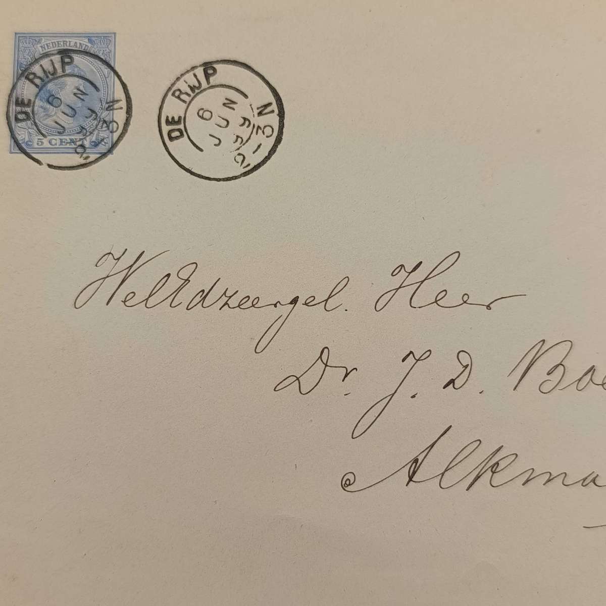 Postal Cover posted Netherlands 6 June 1899 on prepaid Stationery at De Rijp to Dr JD Boeke
