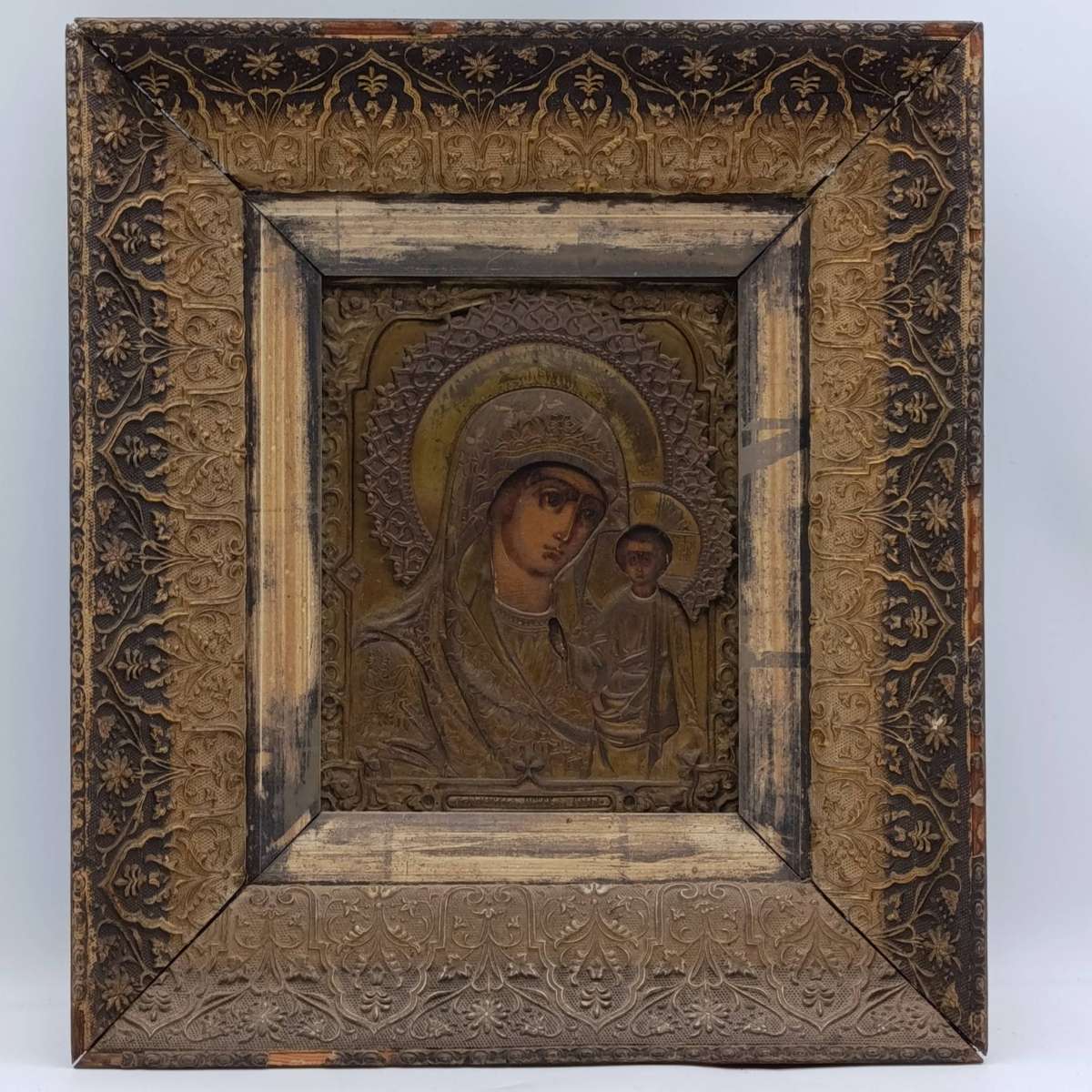 Antique Russian Orthodox Icon of Mary and Baby Jesus