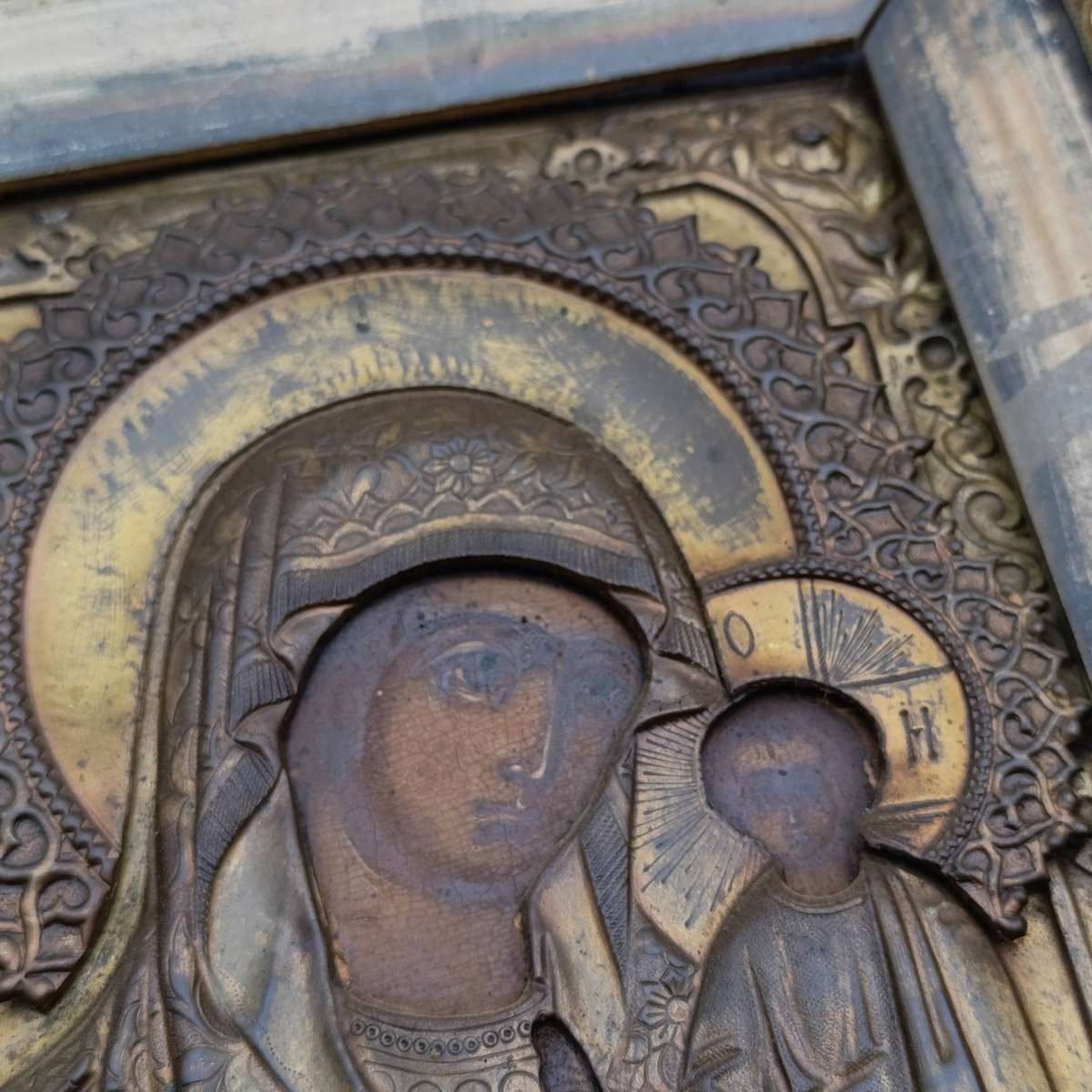 Antique Russian Orthodox Icon of Mary and Baby Jesus