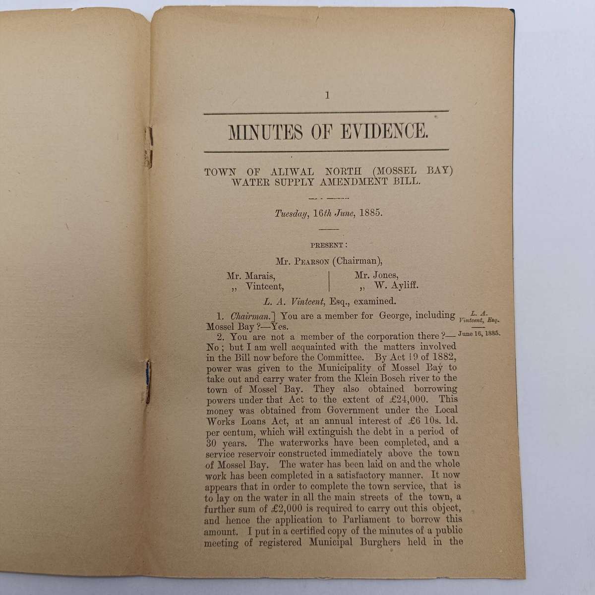 Cape of Good Hope Aliwal Water Supply Bill 1885 - Historical Document
