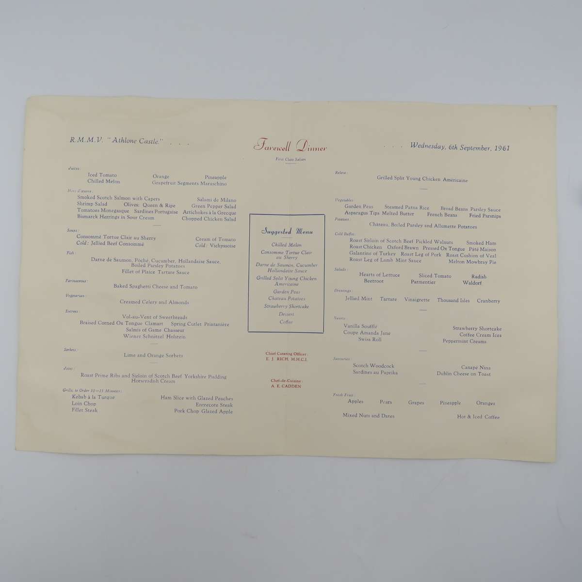 Union-Castle RMMV Athlone Castle Farewell dinner menu Wednesday 6 September 1961