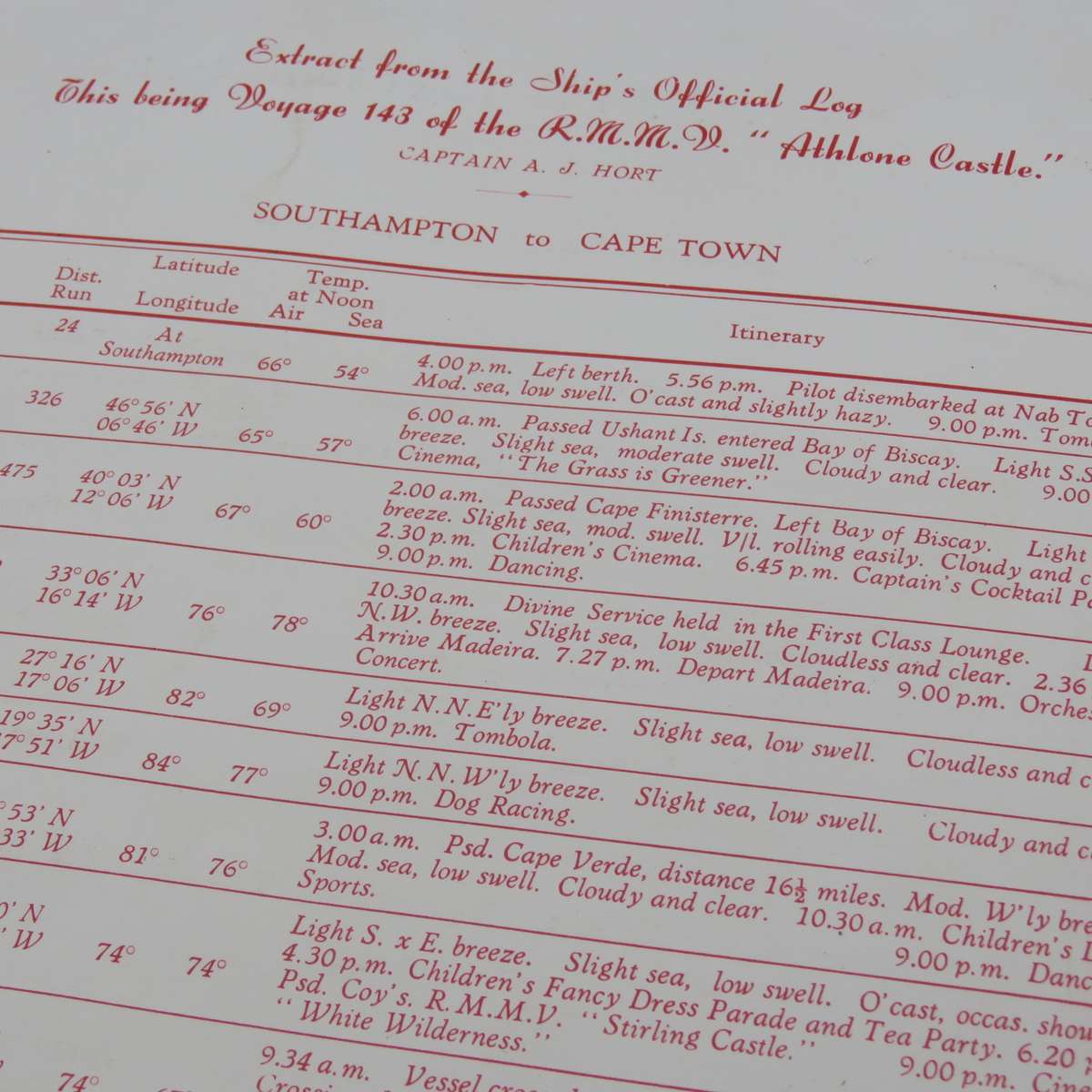 Union-Castle RMMV Athlone Castle Farewell dinner menu Wednesday 6 September 1961