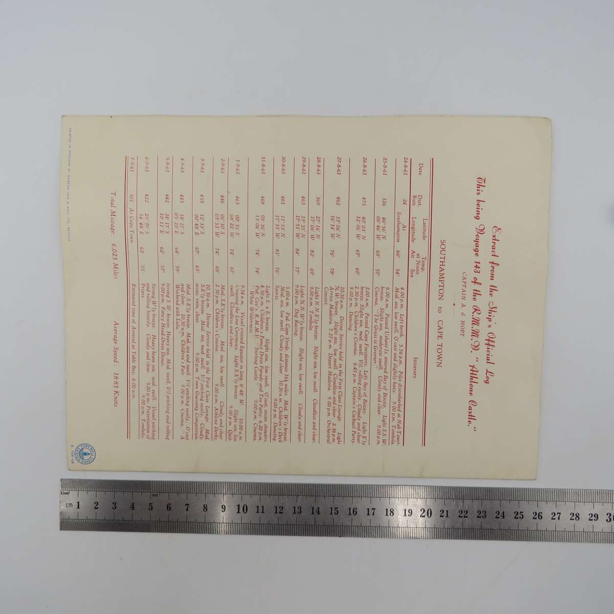 Union-Castle RMMV Athlone Castle Farewell dinner menu Wednesday 6 September 1961