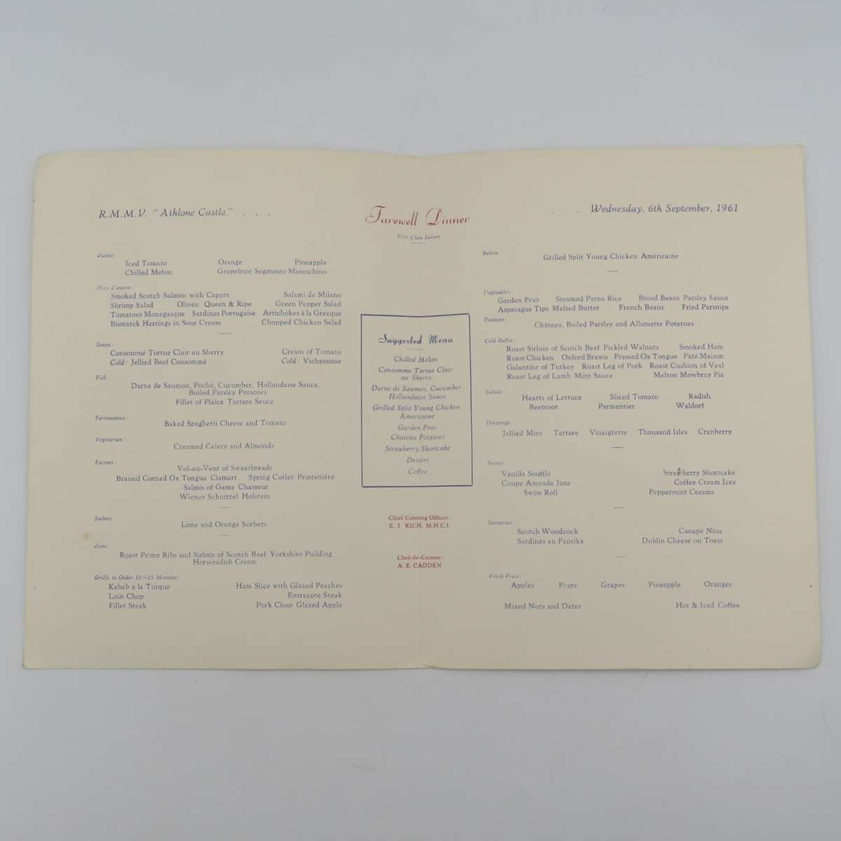 Union-Castle RMMV Athlone Castle Farewell dinner menu - 6  September 1961