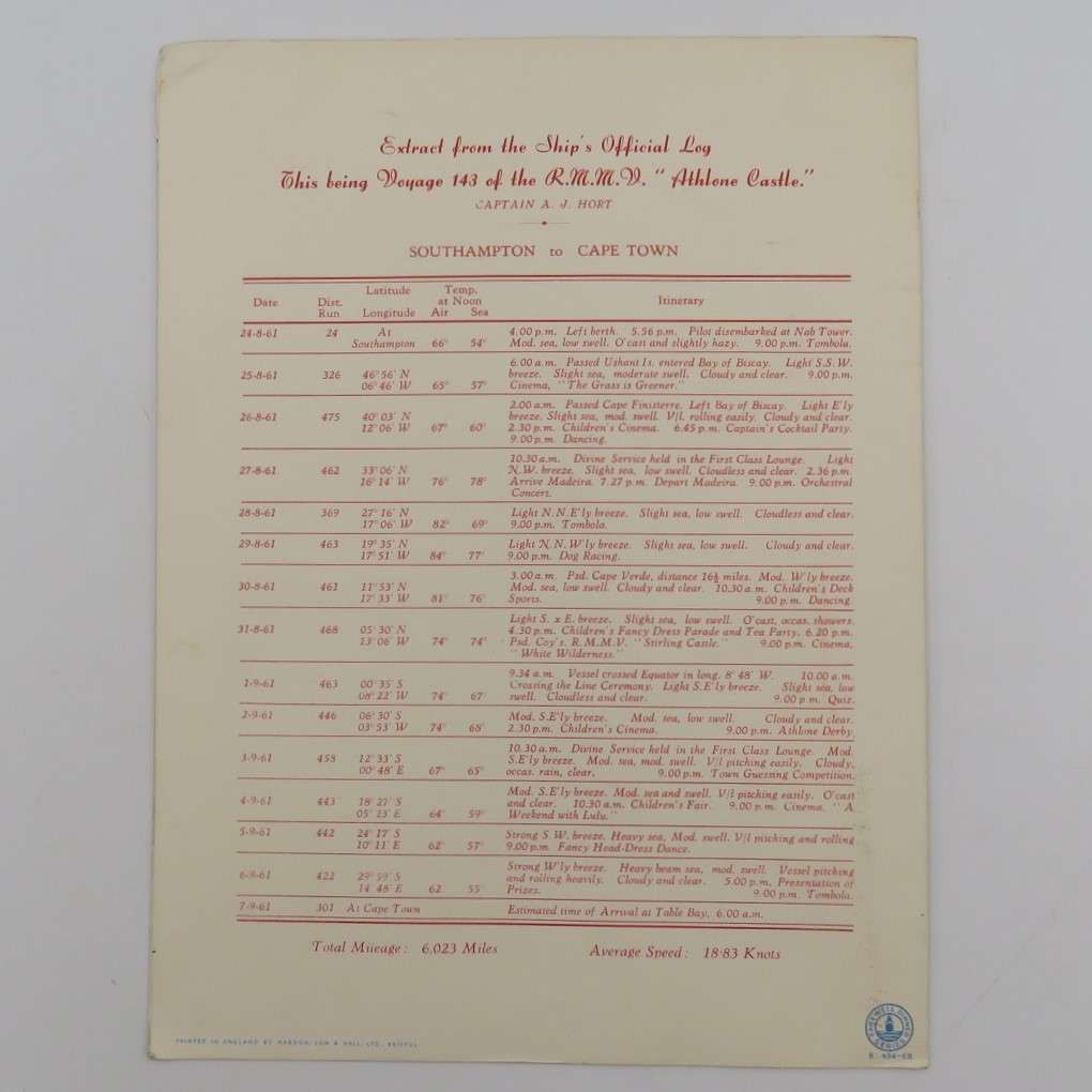 Union-Castle RMMV Athlone Castle Farewell dinner menu - 6  September 1961
