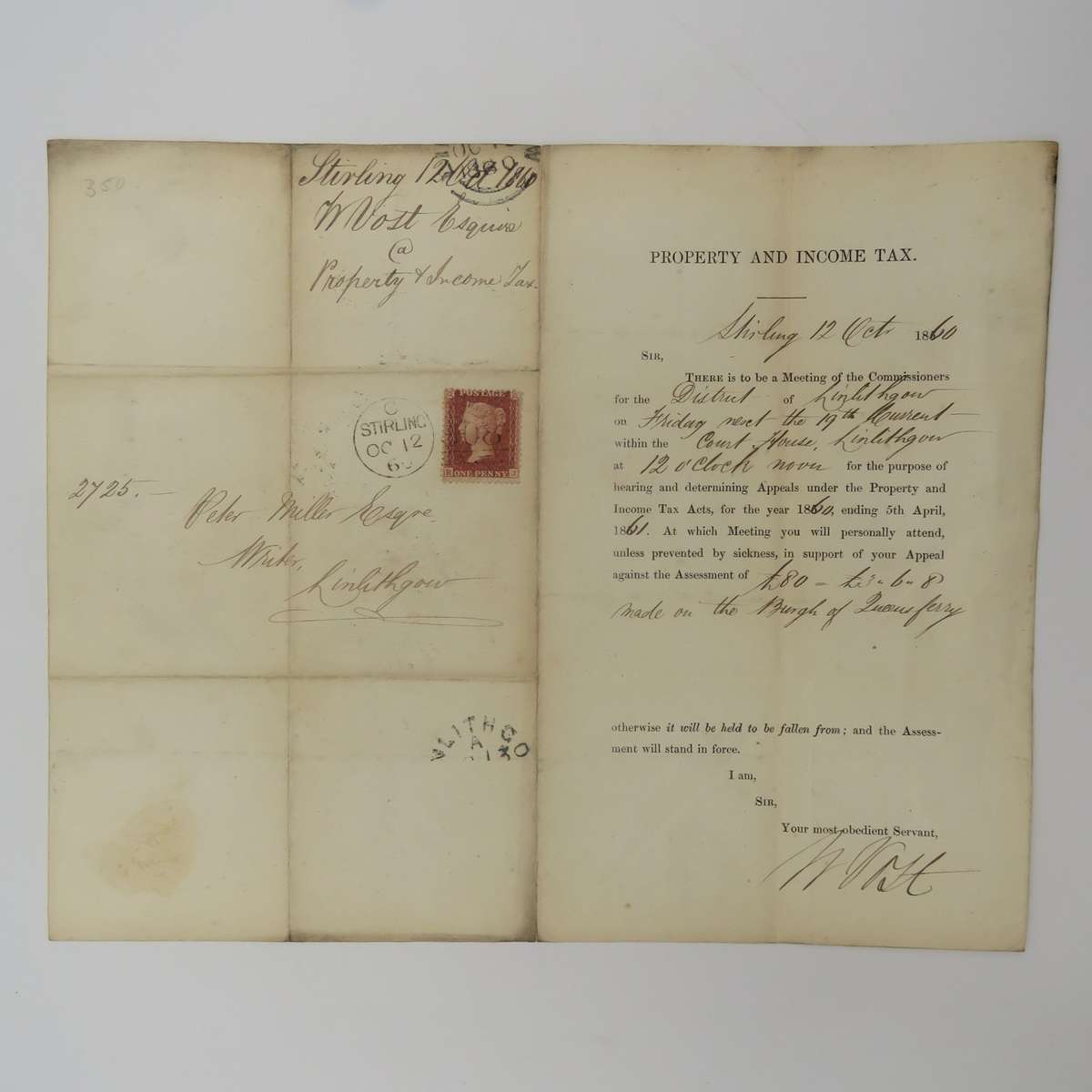 1860 Property Tax appeal notice posted STIRLING to LINLITHGROW, SCOTLAND with penny red stamp