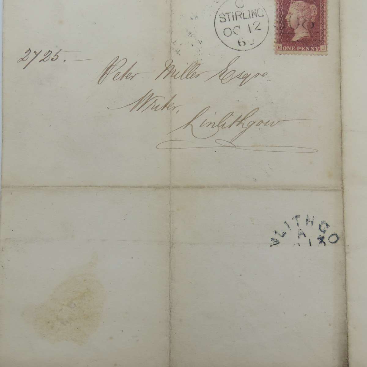 1860 Property Tax appeal notice posted STIRLING to LINLITHGROW, SCOTLAND with penny red stamp