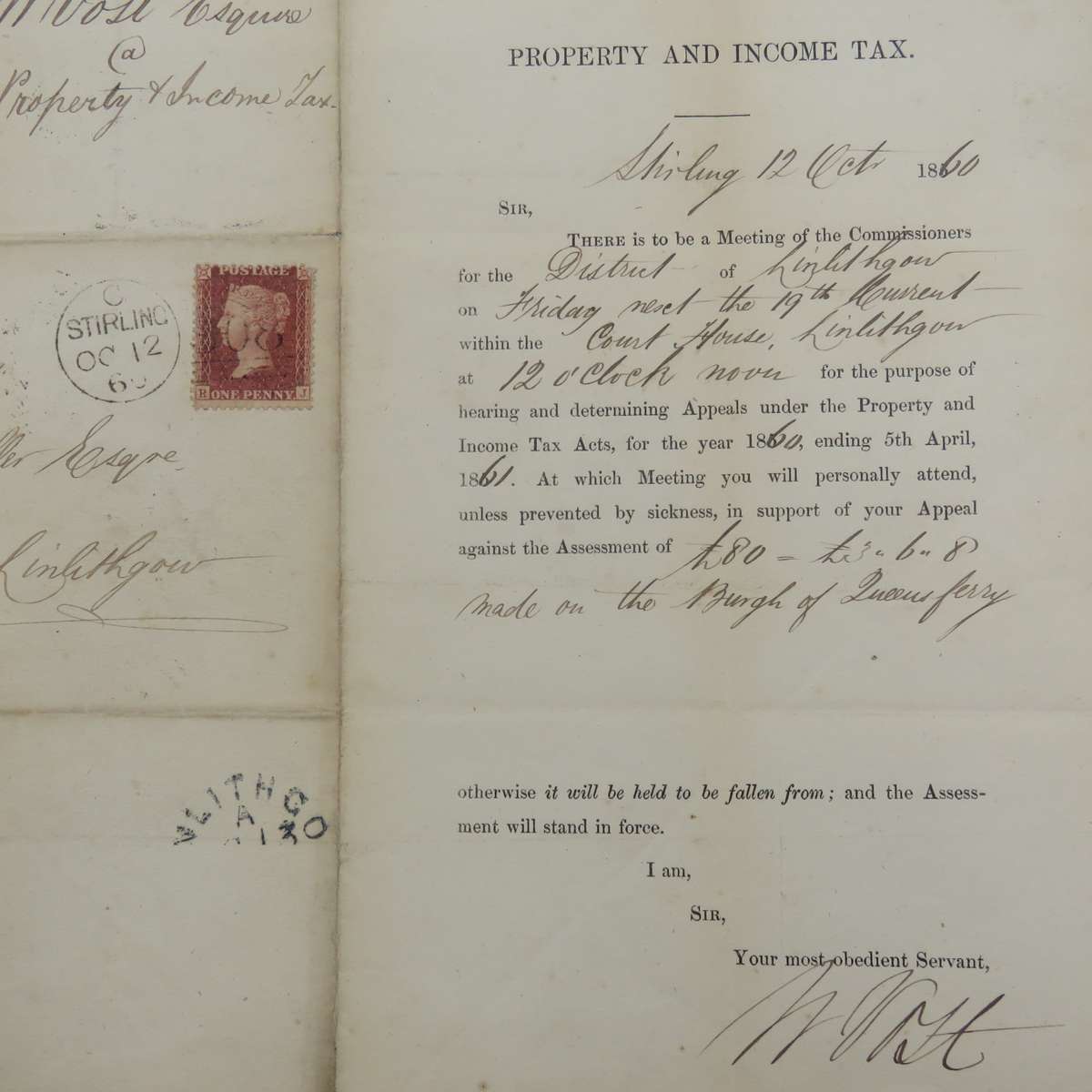 1860 Property Tax appeal notice posted STIRLING to LINLITHGROW, SCOTLAND with penny red stamp