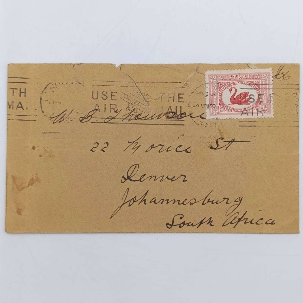 1929 Postal Cover from Australia to Johannesburg, South Africa with black swan stamp