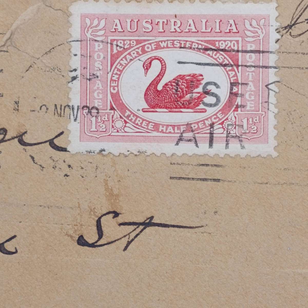 1929 Postal Cover from Australia to Johannesburg, South Africa with black swan stamp