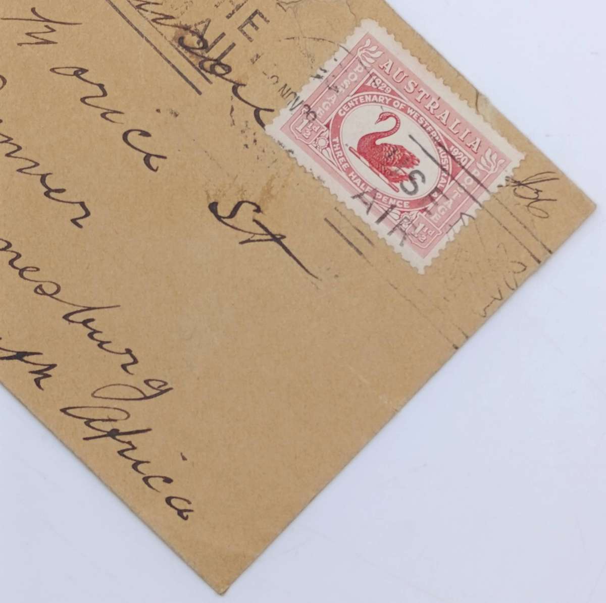 1929 Postal Cover from Australia to Johannesburg, South Africa with black swan stamp
