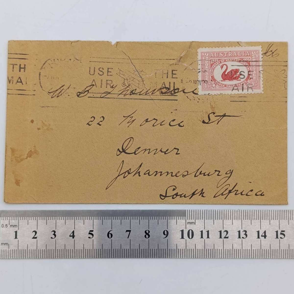 1929 Postal Cover from Australia to Johannesburg, South Africa with black swan stamp