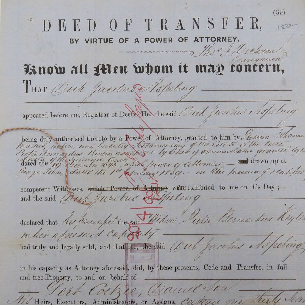 Deed of transfer to Gert Coetzee Danielson - Rust en vrede Oudtshoorn 1859