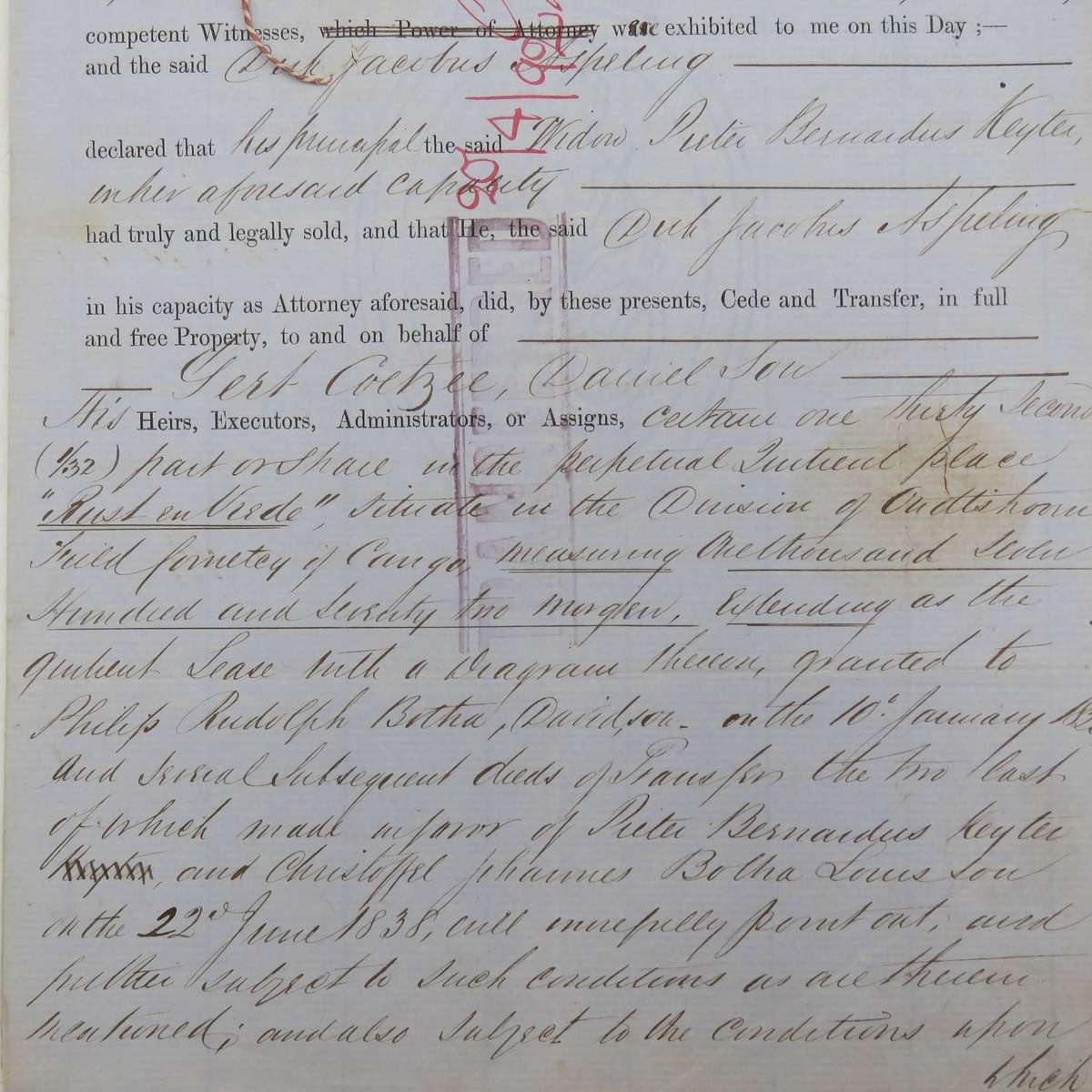 Deed of transfer to Gert Coetzee Danielson - Rust en vrede Oudtshoorn 1859