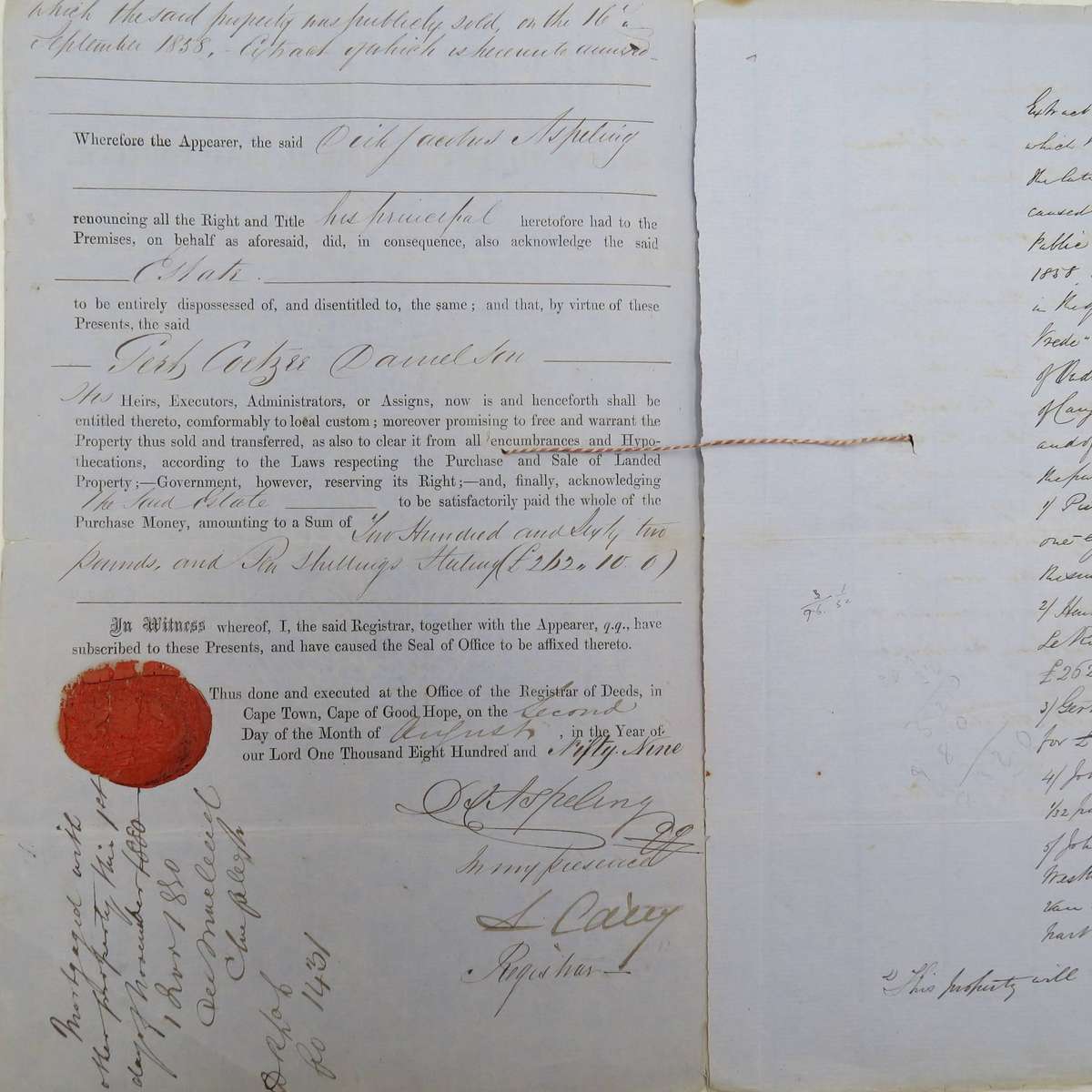 Deed of transfer to Gert Coetzee Danielson - Rust en vrede Oudtshoorn 1859