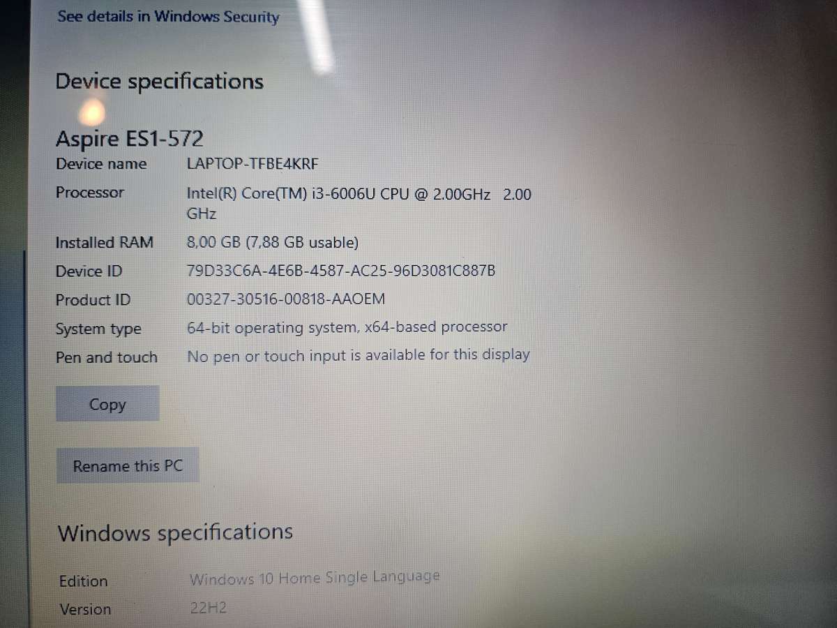 Acer Aspire ES1-572 i3-6006U 8GB RAM 512GB HDD !Needs keyboard and battery!