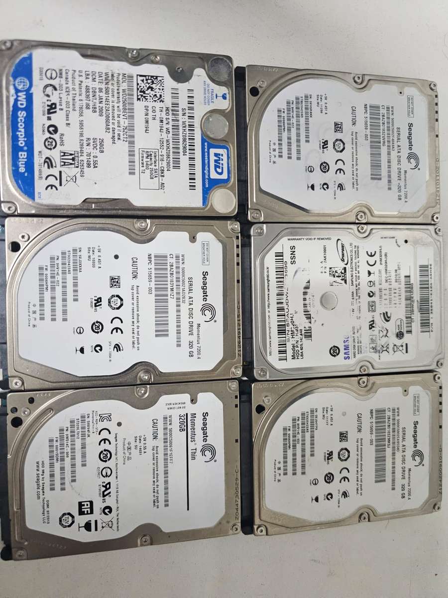 Bulk lot - 4 x Seagate Momentus 320GB & 2 x WD 250GB Laptop Hard Drives - Old drives but working