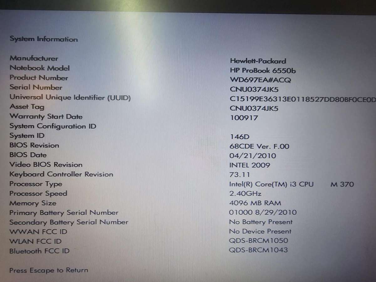 HP ProBook 6550b for spares or repairs  Core i3 M370  4GB RAM  DVD-RW