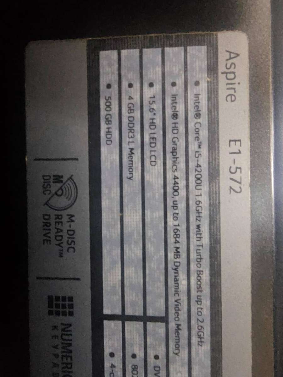 Acer Aspire E1-572  i5-4200U / 2GB RAM / 500GB HDD / 15.6" / Intel HD Graphics  Working Unit, Need