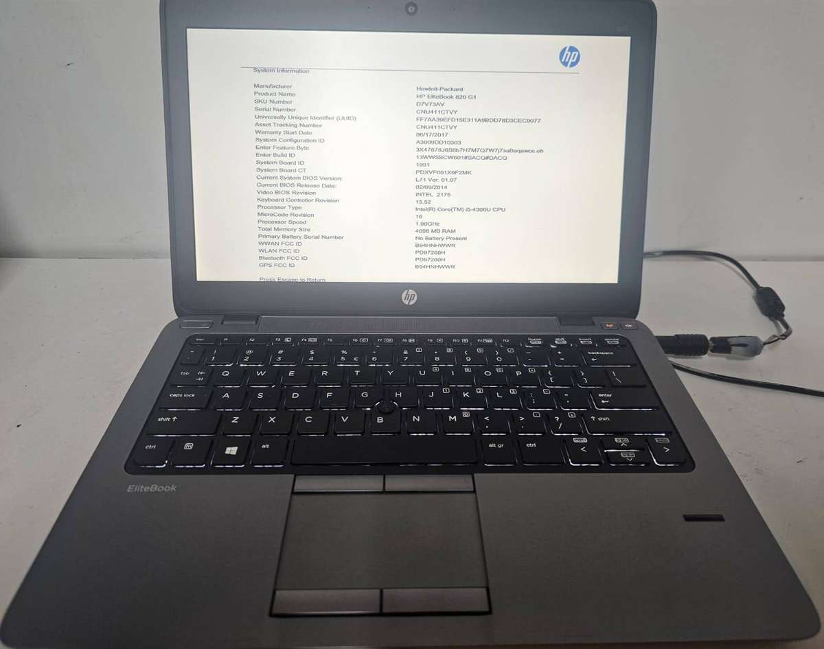 HP EliteBook 820 G1  i5-4300U / 4GB RAM / No HDD / No Charger / Dead Battery  Working Unit