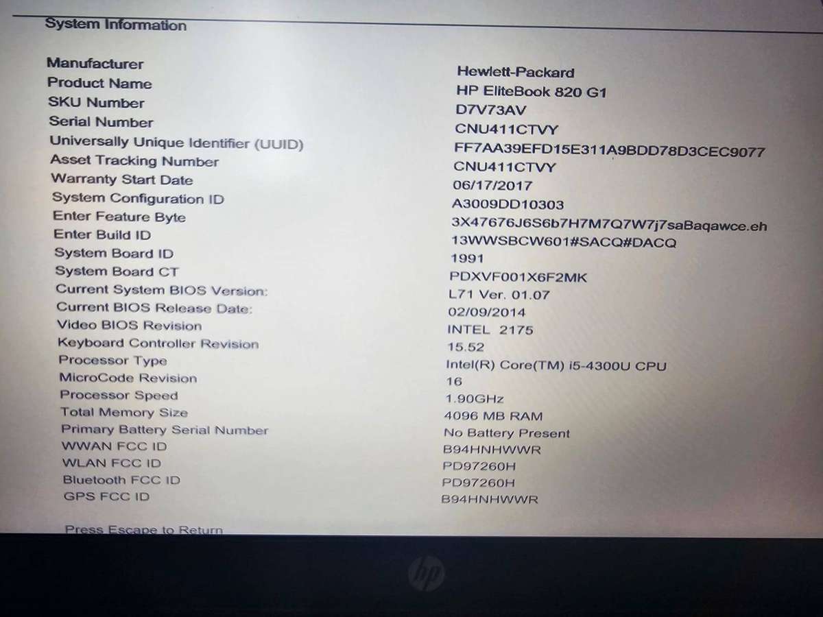 HP EliteBook 820 G1  i5-4300U / 4GB RAM / No HDD / No Charger / Dead Battery  Working Unit