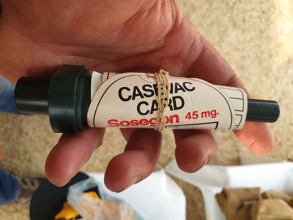 original & rarely found Rhodesian Army used/ issue SOSEGON (morphine) carrier and casualty card