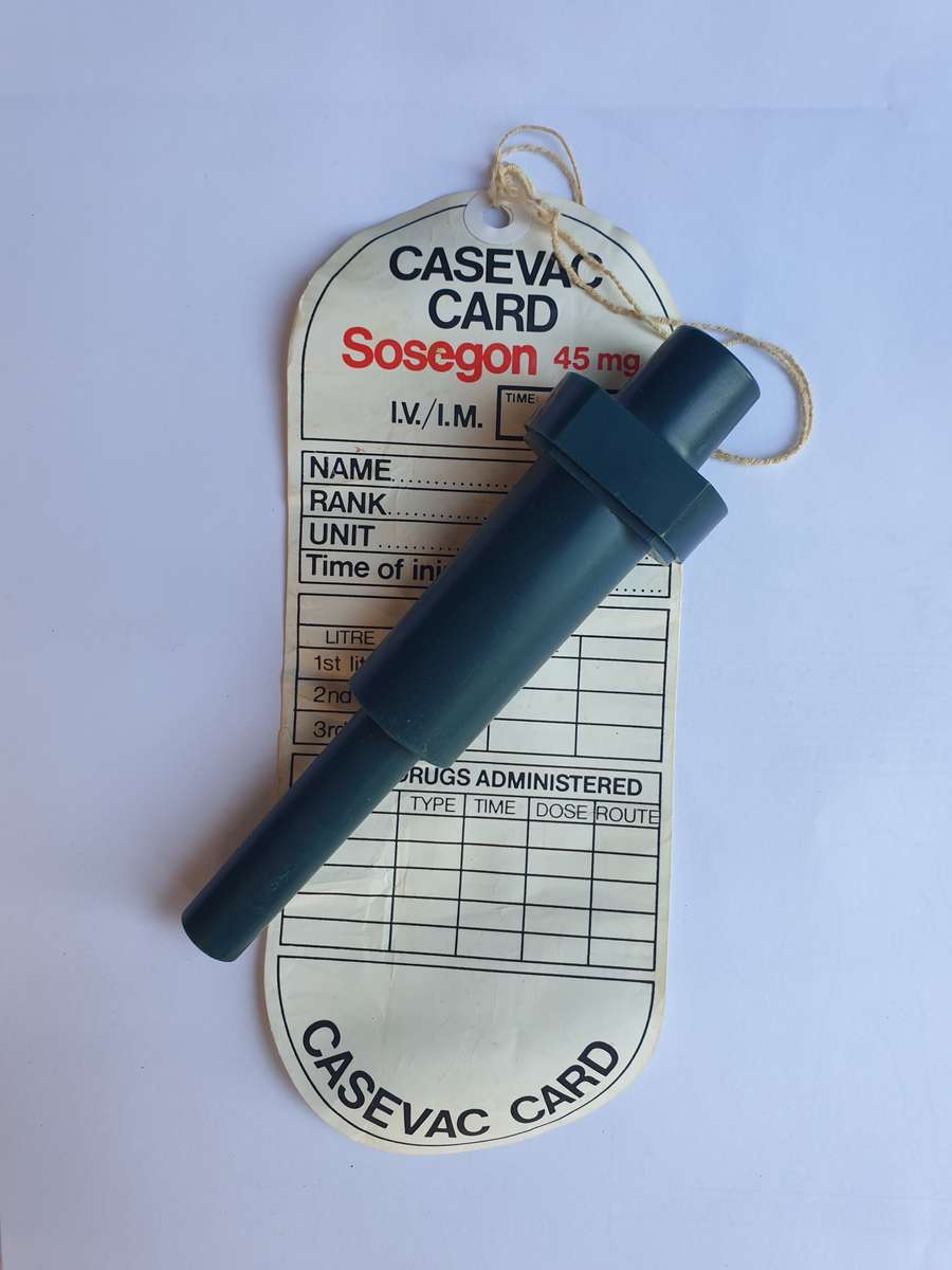 original & rarely found Rhodesian Army used/ issue SOSEGON (morphine) carrier and casualty card