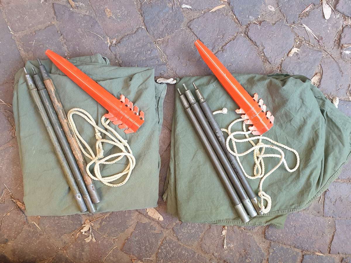 complete original USGI 2 man (2 shelters) canvas olive green pup tent with correct stakes/poles used