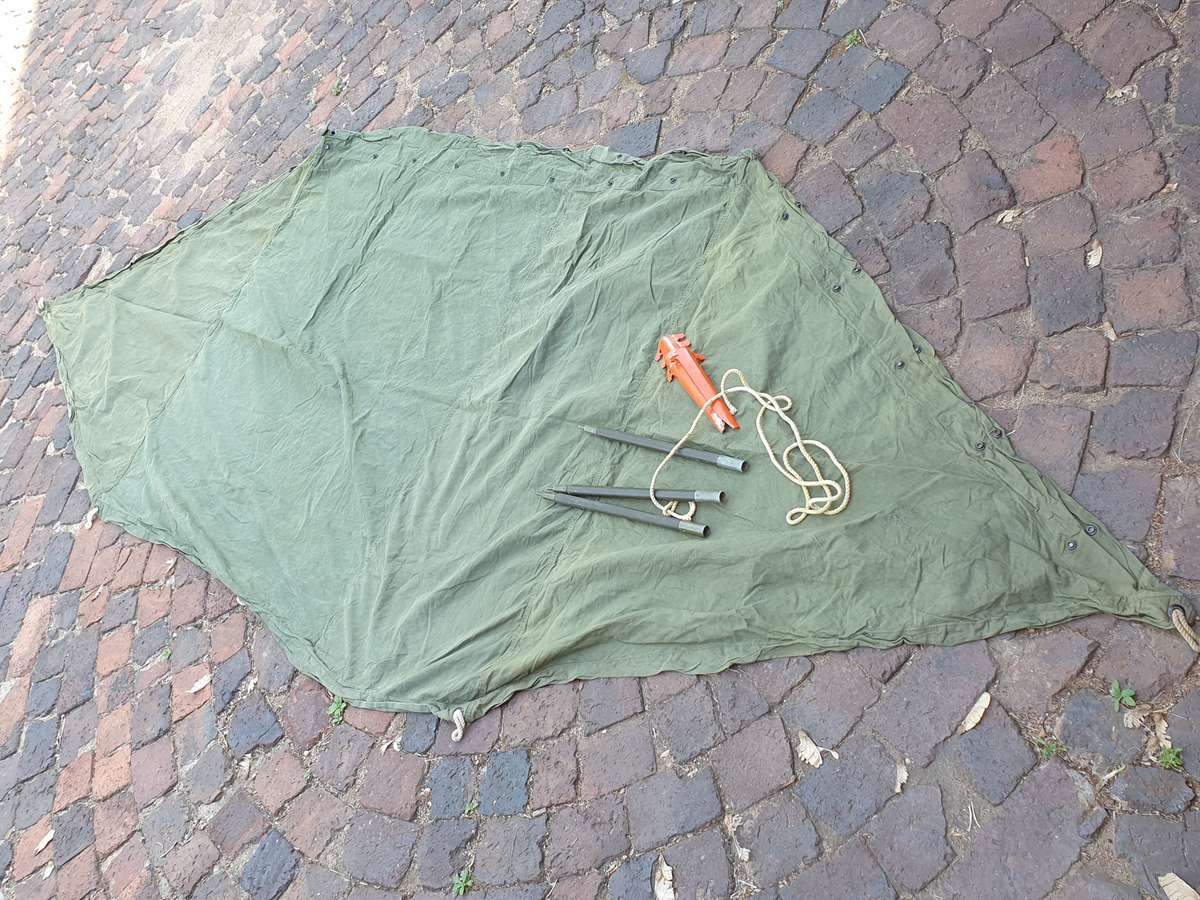 complete original USGI 2 man (2 shelters) canvas olive green pup tent with correct stakes/poles used