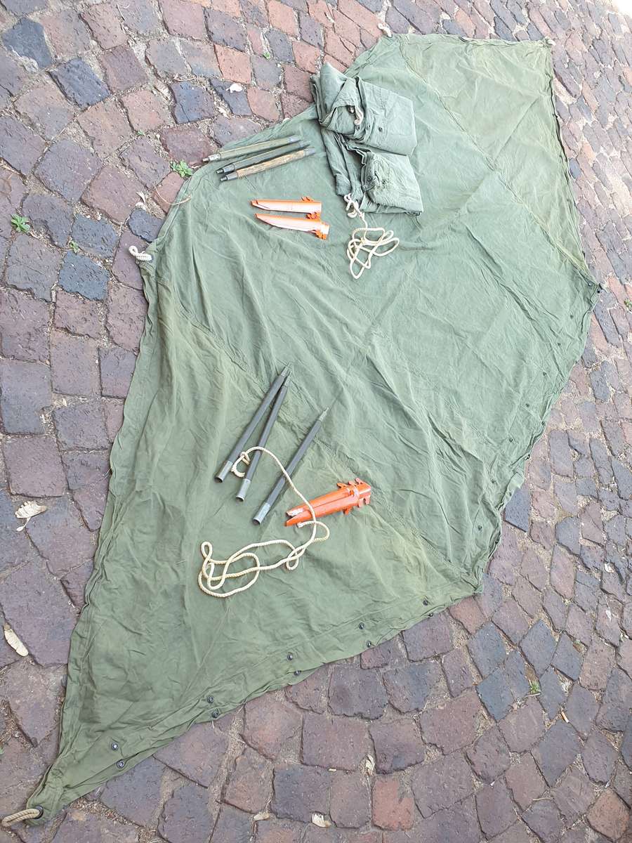 complete original USGI 2 man (2 shelters) canvas olive green pup tent with correct stakes/poles used